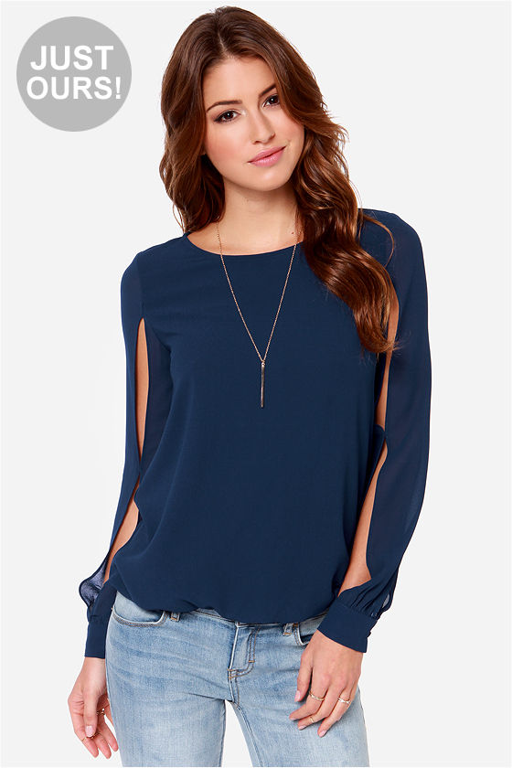 Navy Blue Top Navy Blue Blouse Long Sleeve Top 36.00 Lulus