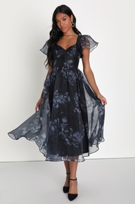 Mesmerizing Mood Black Floral Organza Ruffled A-Line Midi Dress