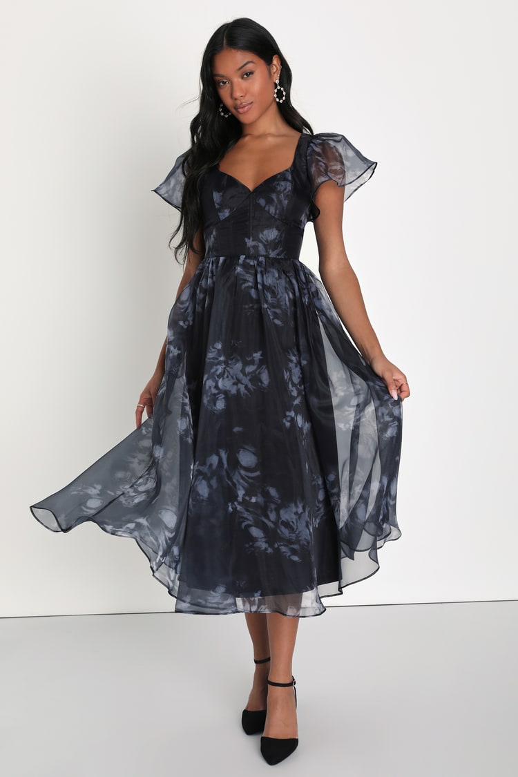 Black Floral Organza Dress - Bustier Dress - A-Line Midi Dress - Lulus