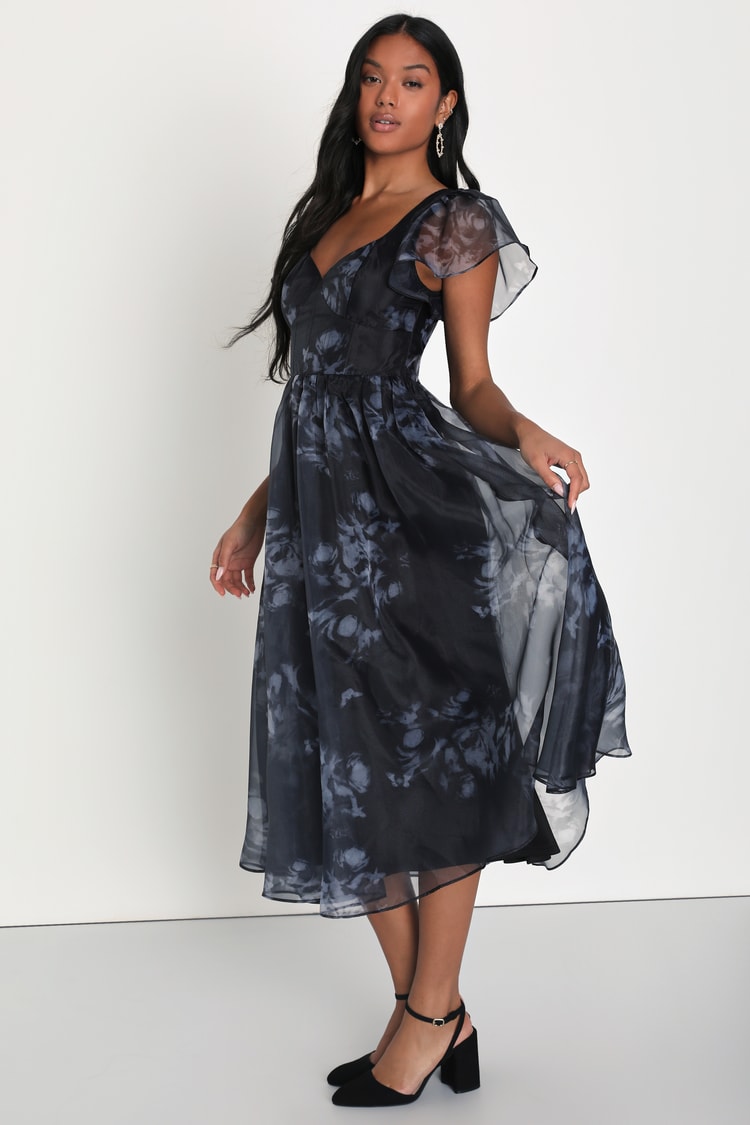 Mesmerizing Mood Black Floral Organza Ruffled A-Line Midi Dress
