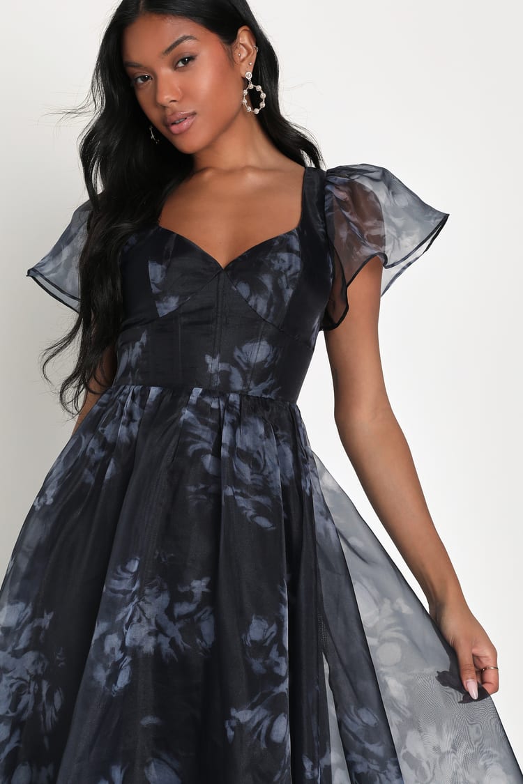 Mesmerizing Mood Black Floral Organza Ruffled A-Line Midi Dress