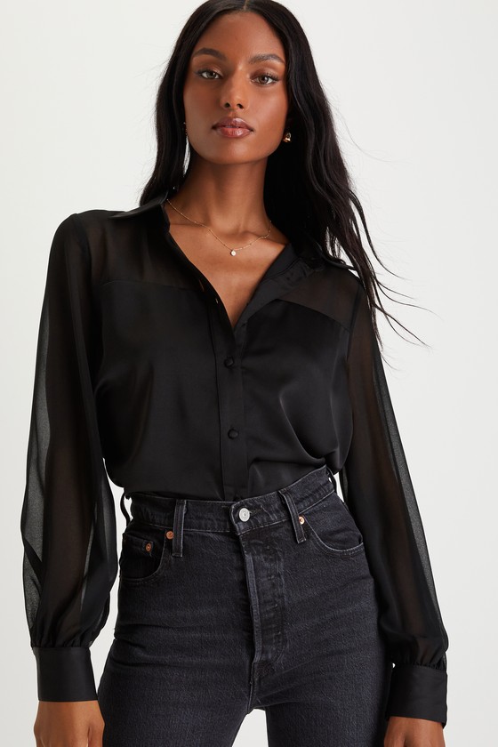 Black Satin Top - Button-Up Top - Black Long Sleeve Top - Lulus