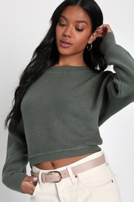 Fireside Flirt Dark Sage Green Ribbed Cropped Pullover Sweater