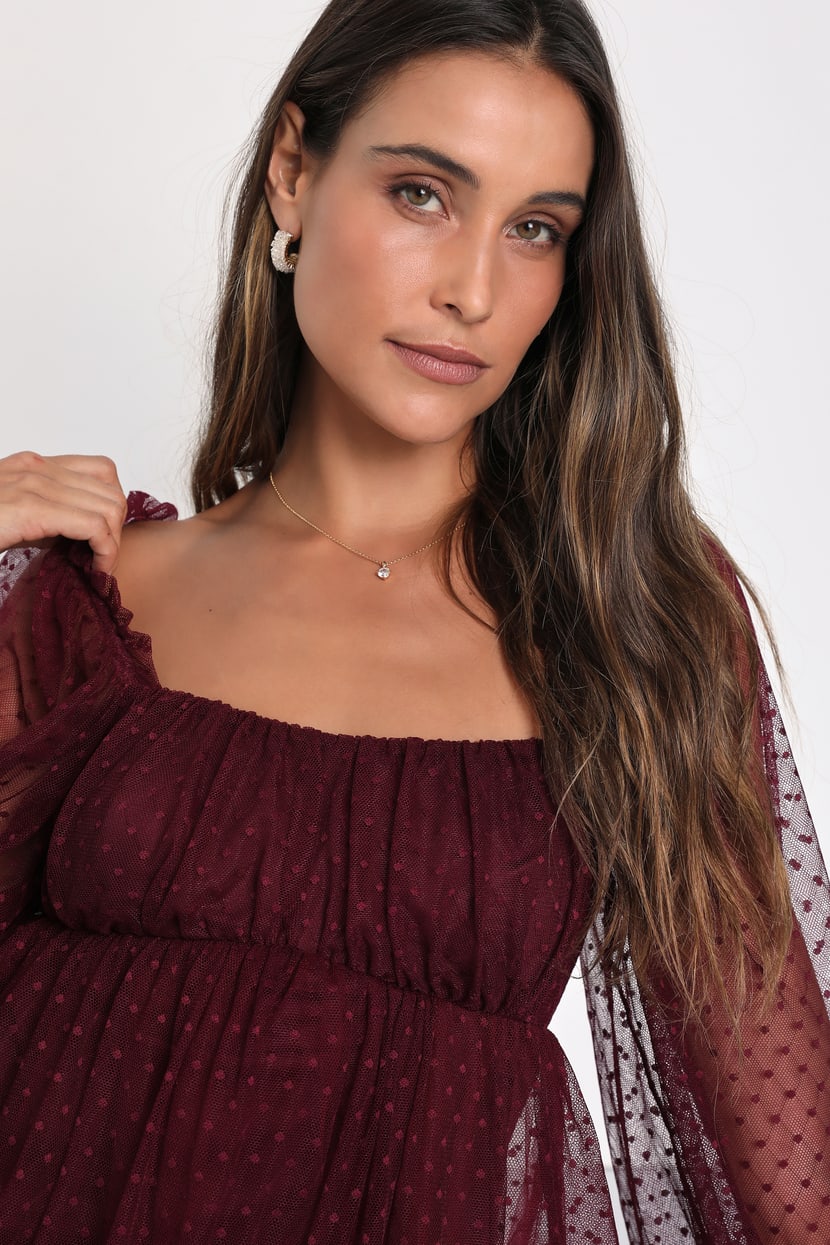 Dreamy Sweetness Burgundy Swiss Dot Ruffled Mini Babydoll Dress