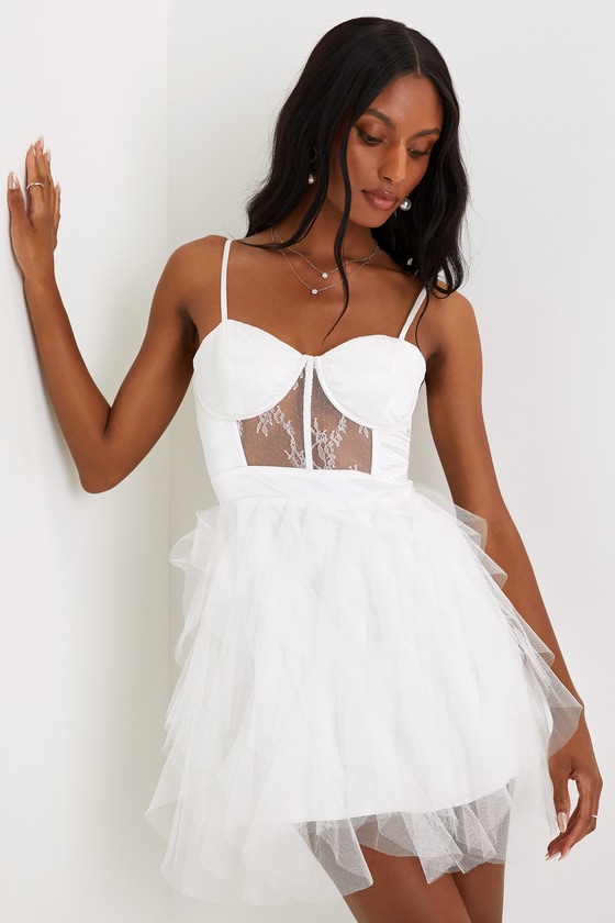 White Bustier Mini Dress - Sexy White Dress - Ruffled Mini Dress - Lulus