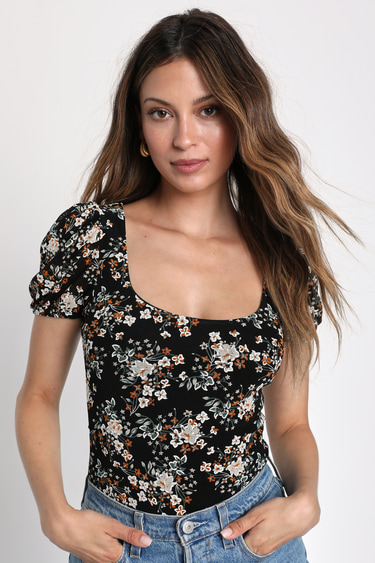 Flowering Charm Black Mesh Floral Print Short Sleeve Bodysuit