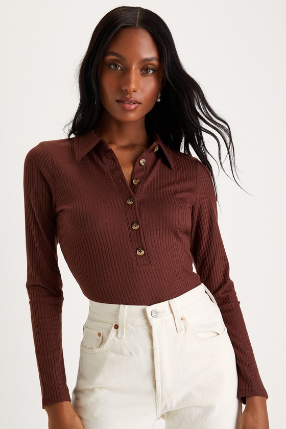 Chocolate Brown Top - Ribbed Polo - Long Sleeve Polo Top - Lulus