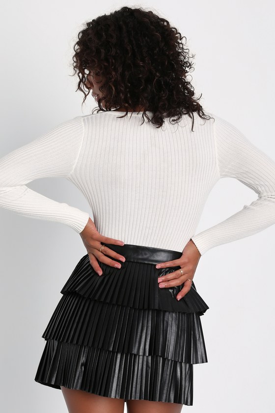 Black Vegan Leather Skirt - Black Pleated Skirt - Tiered Skirt - Image 4