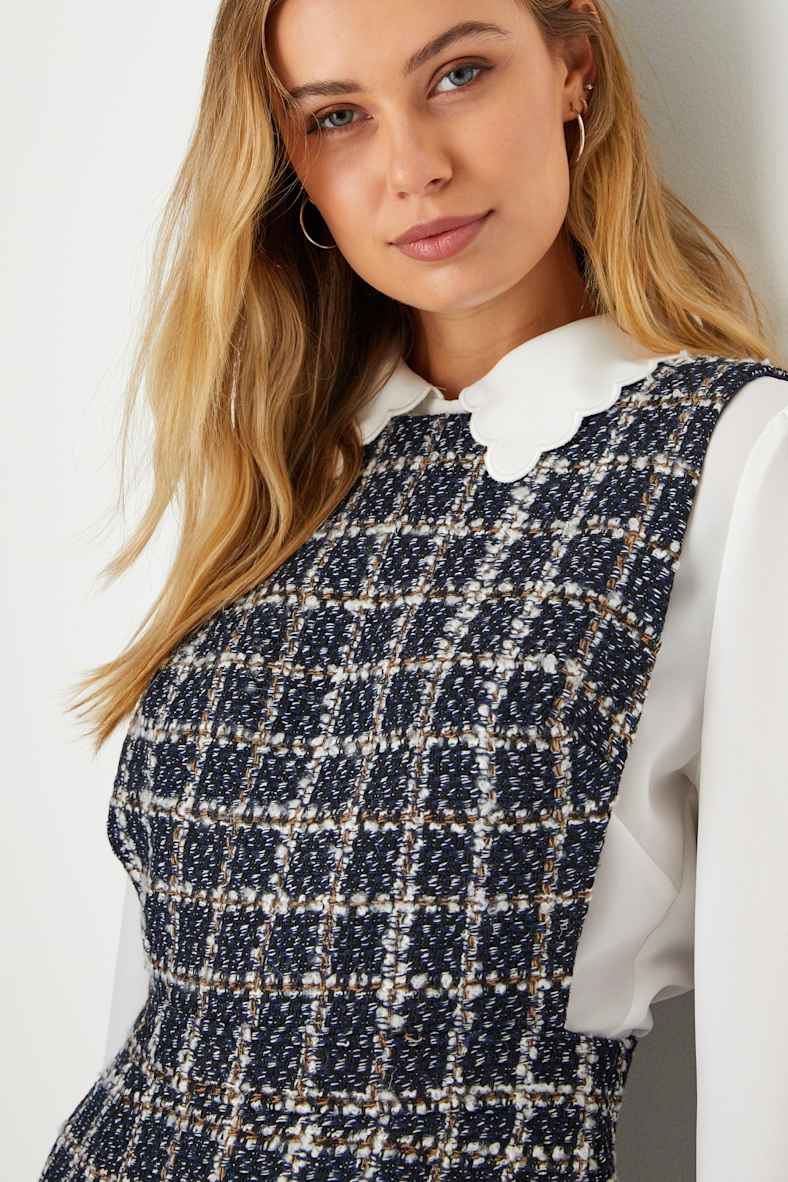 Uptown Charm Navy Blue Plaid Tweed Skort Romper