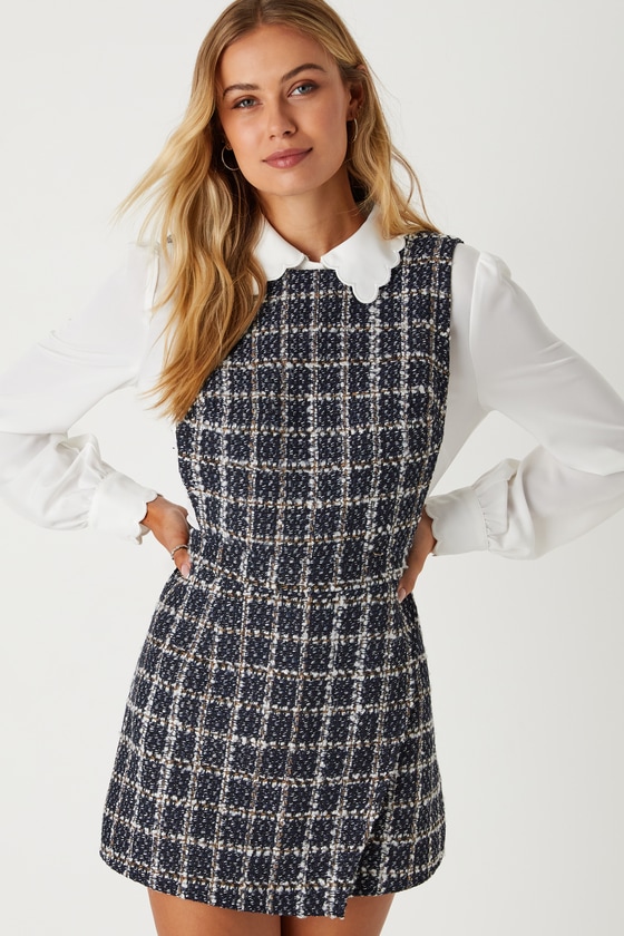 Uptown Charm Navy Blue Plaid Tweed Skort Romper