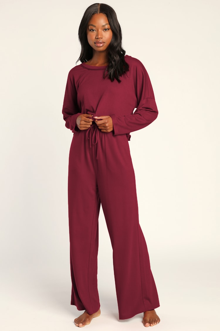 Refined Relaxation Burgundy Drawstring Wide-Leg Lounge Pants