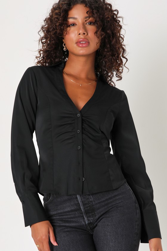 Lulus Sophisticated Perfection Black Satin Button-up Ruched Top