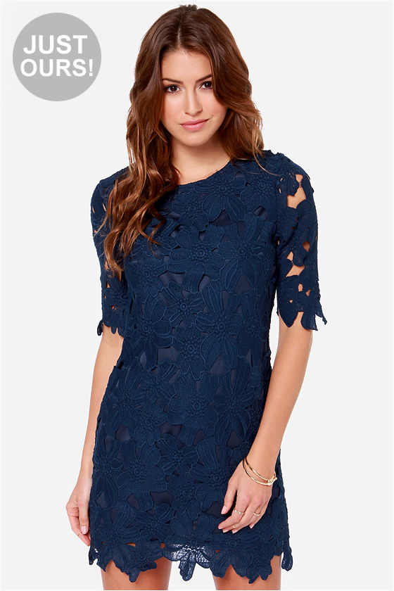 navy lace sheath dress