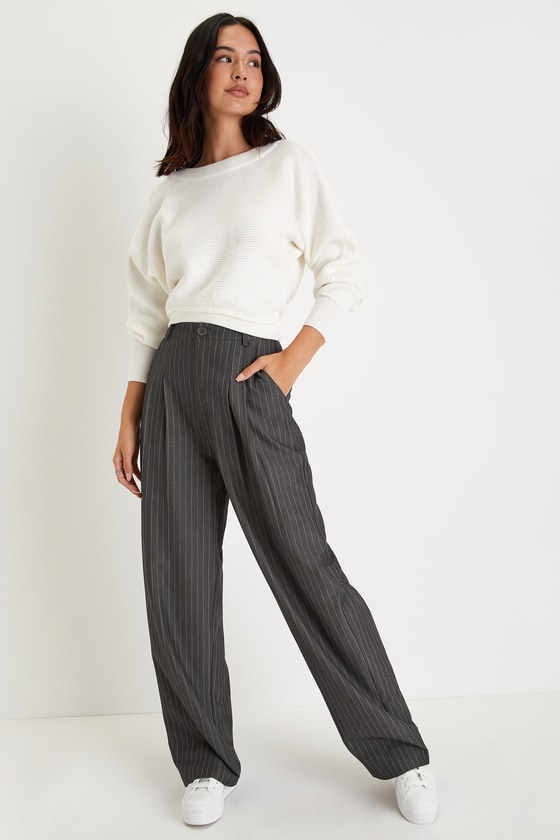 Grey and White Pinstriped Pants - Wide Leg Pants - Office