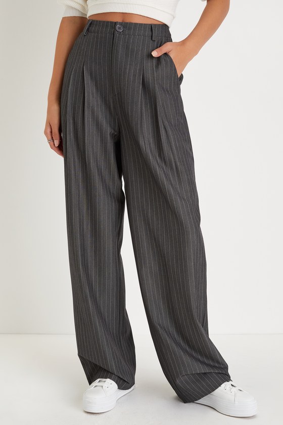 Grey and White Pinstriped Pants - Wide Leg Pants - Office
