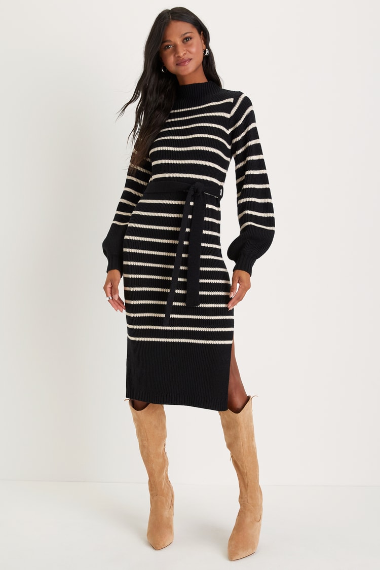 blue dress for baby girl STRIPED SINGLE SLEEVE SWEATER DRESS  AKIRA