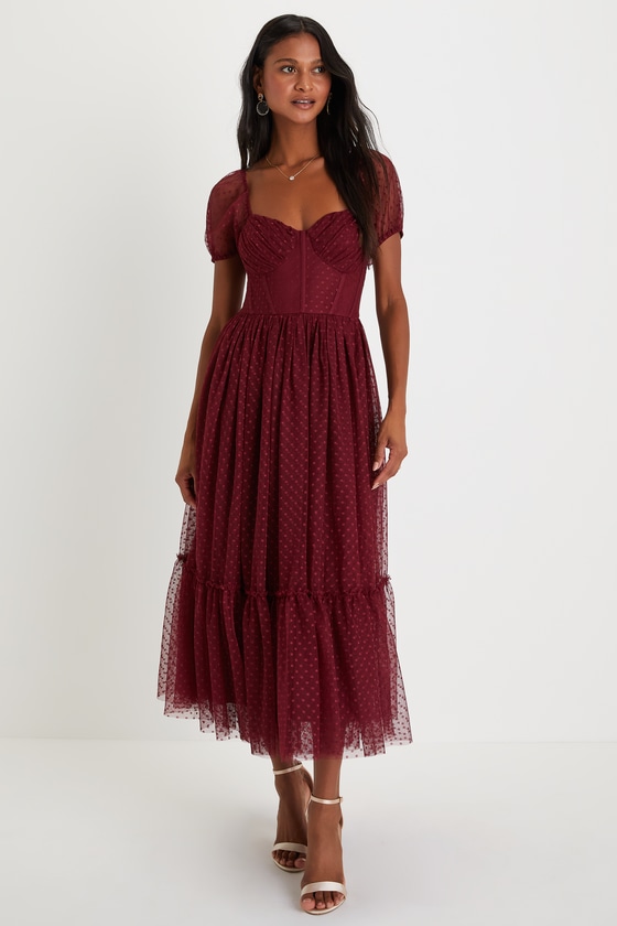 Lulus Sweet Amor Burgundy Tulle Swiss Dot Tiered Bustier Midi Dress