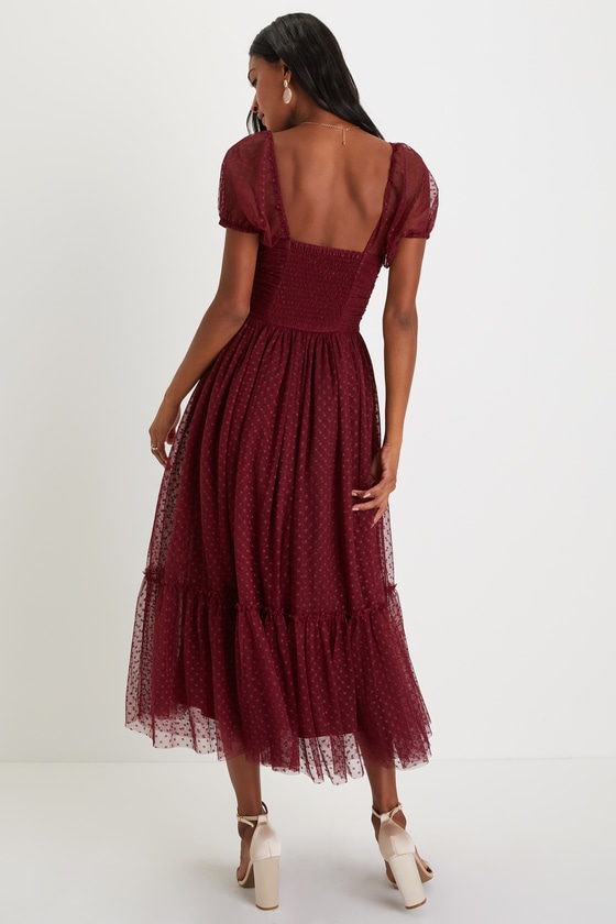 Sweet Amor Burgundy Tulle Swiss Dot Tiered Bustier Midi Dress 2