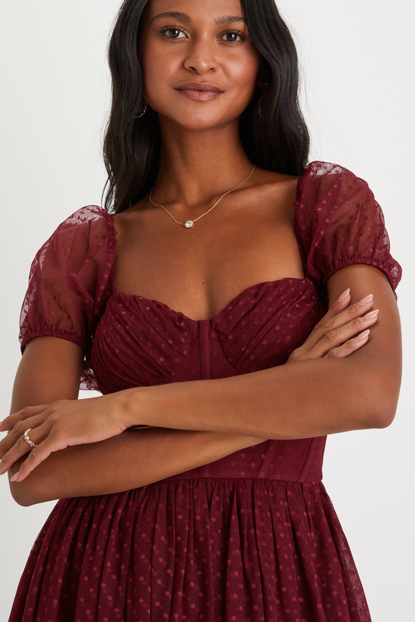 Burgundy Tulle Swiss Dot Tiered Bustier Midi Dress | Womens | XX-Small (Available in M) | 100% Polyester | Lulus | Holiday Dresses