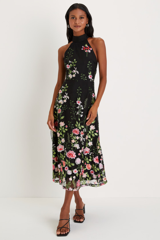 Lulus Blossoming Energy Black Floral Embroidered Halter Midi Dress