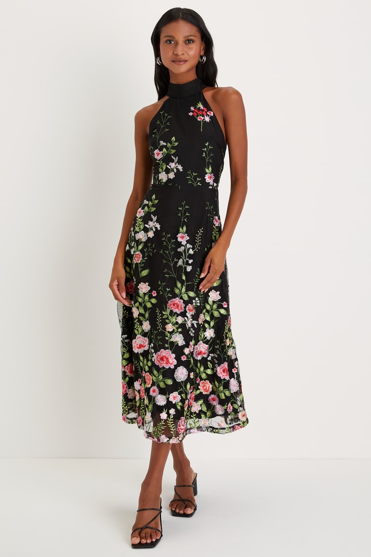 Black Floral Dress - Embroidered Dress - Midi Halter Dress - Lulus