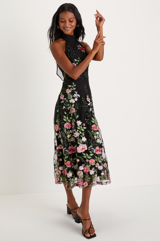 Black Floral Dress - Embroidered Dress - Midi Halter Dress Black Floral Dress - Embroidered Dress - Midi Halter Dress