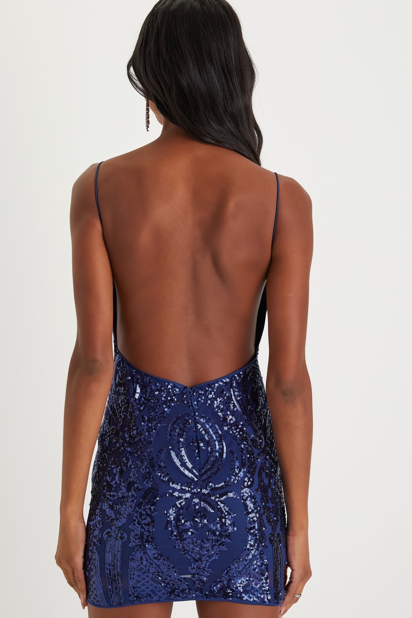 knee length dresses for ladies Navy Sequin Backless Mini Dress by Chloe Lewis