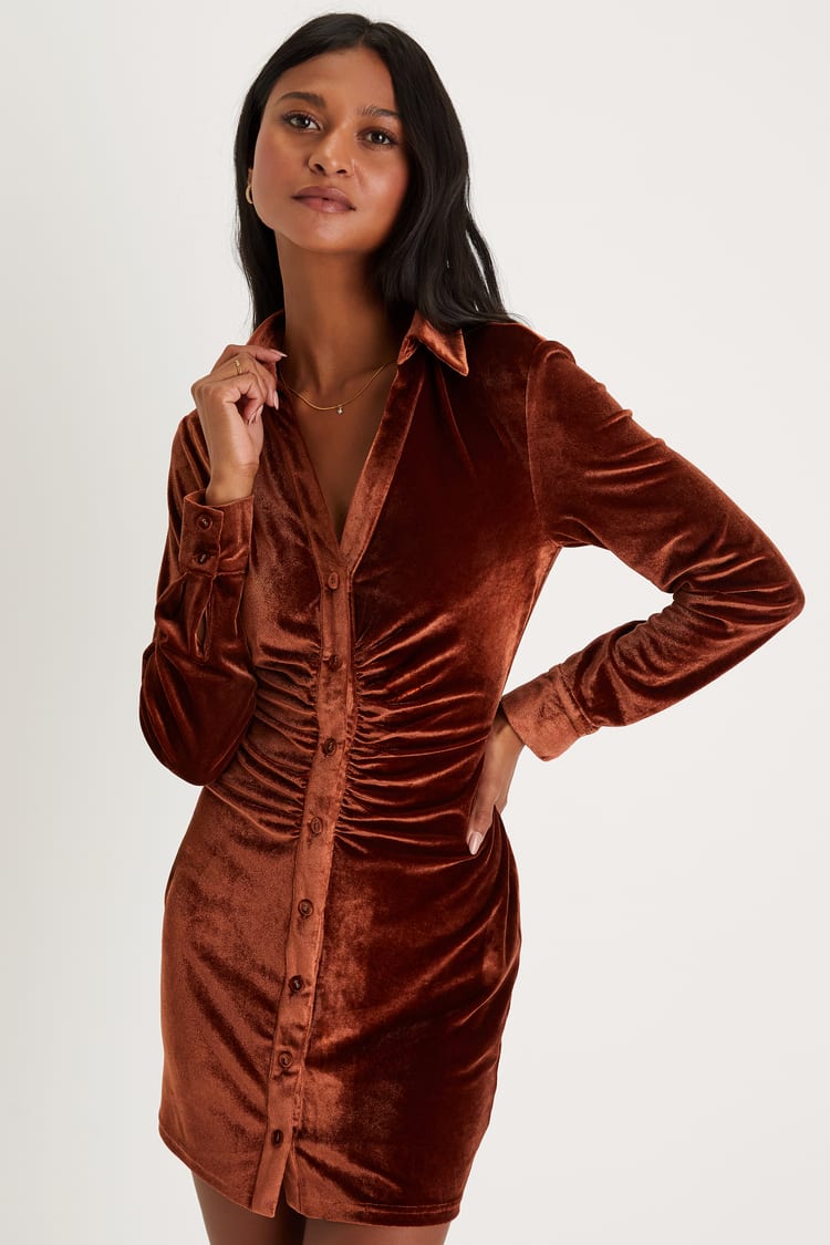 Brown Velvet Mini Dress - Ruched Mini Dress - Button-Up Dress - Lulus