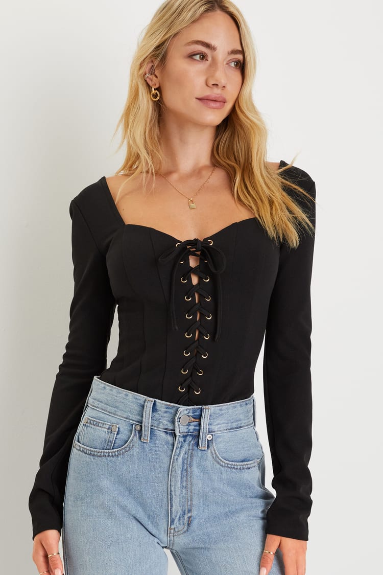 Captivating Energy Black Long Sleeve Lace-Up Corset Bodysuit