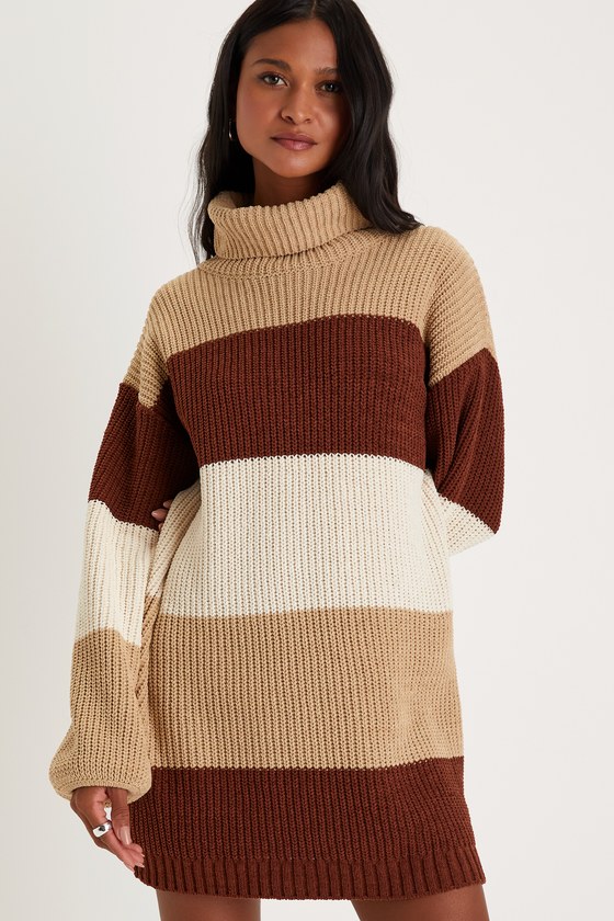 Effortlessly Chill Brown Striped Turtleneck Mini Sweater Dress