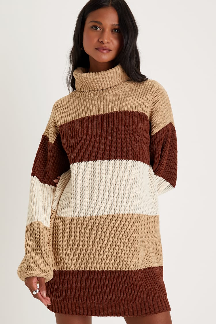 how to dress up a brown dress Turtleneck Ribbed Sweater Dress with Front Slit (Light Brown) –  BLANKWardrobe main image 0