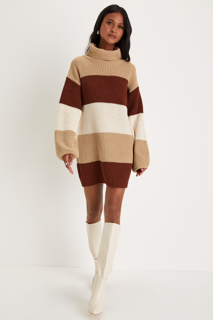 Brown Striped Dress - Turtleneck Knit Dress - Mini Sweater Dress 