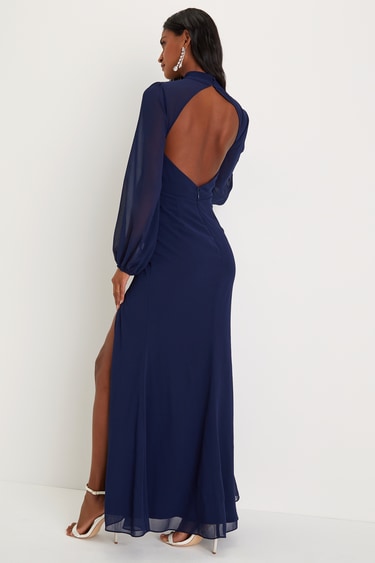 Navy Blue Maxi Dress Long Sleeve Dress Backless Maxi Dress Lulus