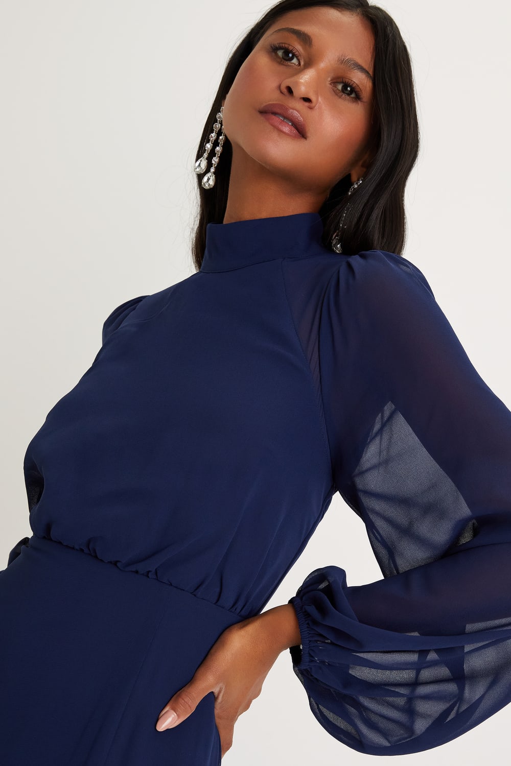 Graceful Entrance Navy Blue Long Sleeve Backless Maxi Dress