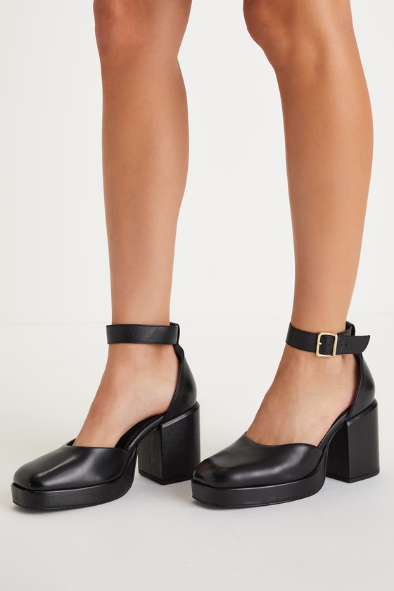 Gleaming Black Leather Platform Ankle Strap Pumps 1