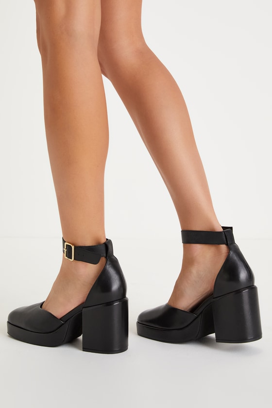 Gleaming Black Leather Platform Ankle Strap Pumps 5
