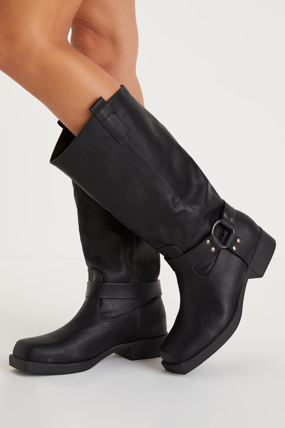 Lulus Raziel Black Mid-calf Moto High Heel Boots