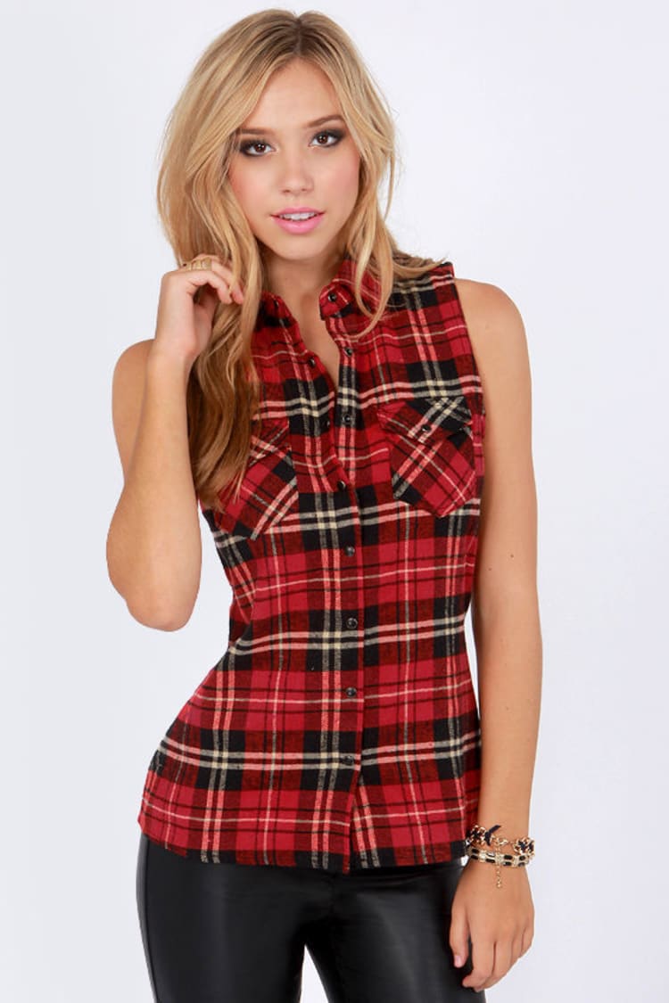 Sleeveless Flannelette Shirt  Red Flanno For Summer – Guts