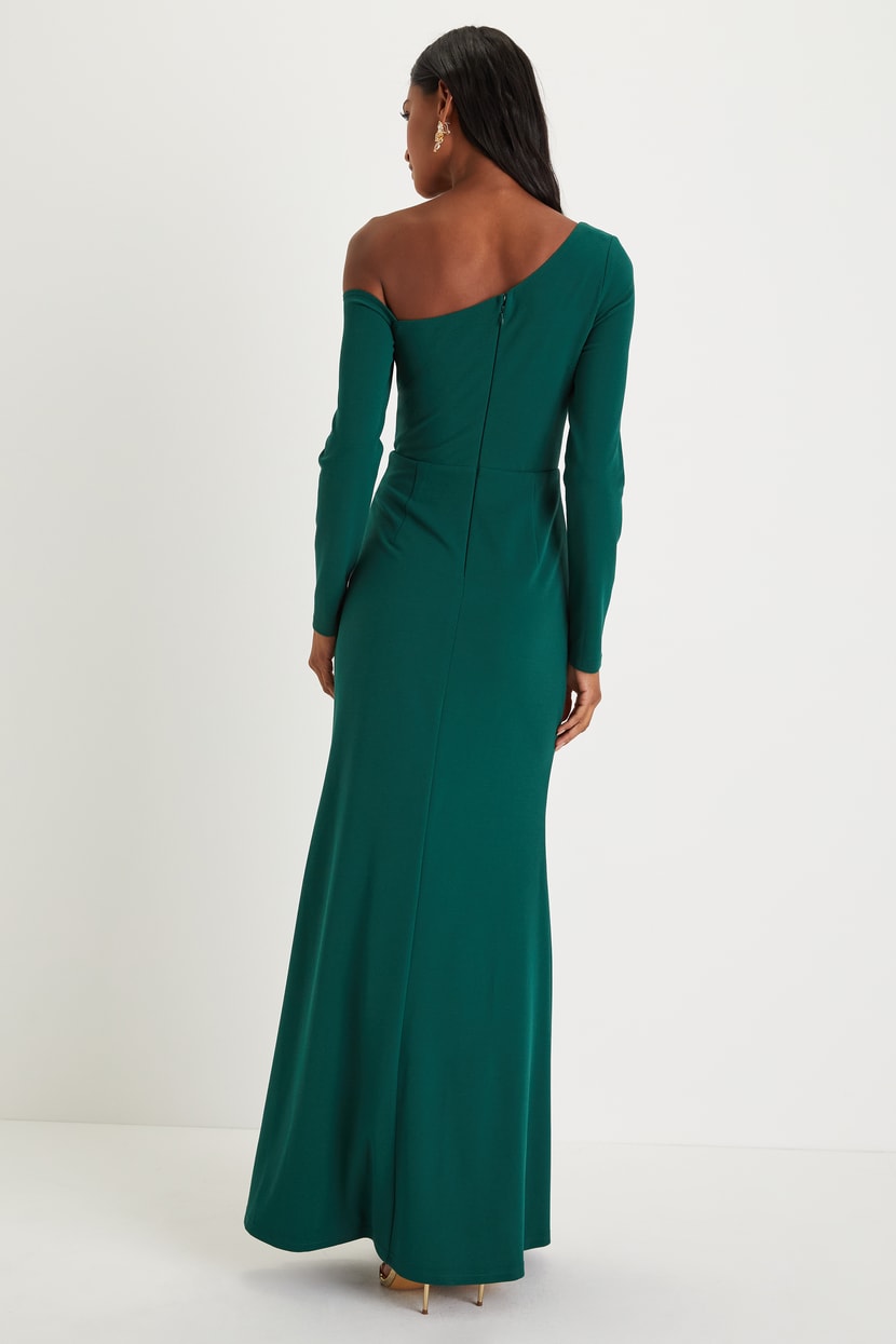 Elegant Sensation Emerald Green Asymmetrical Pleated Maxi Dress