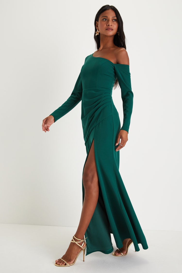 Elegant Sensation Emerald Green Asymmetrical Pleated Maxi Dress