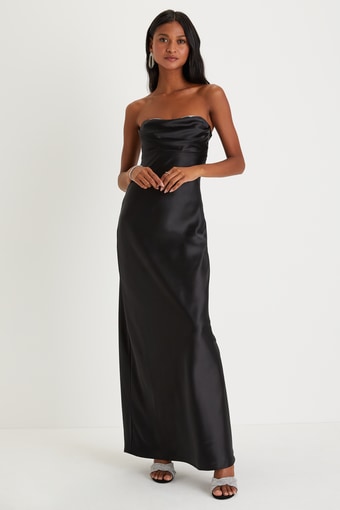 Exquisite Shine Black Satin Rhinestone Strapless Maxi Dress