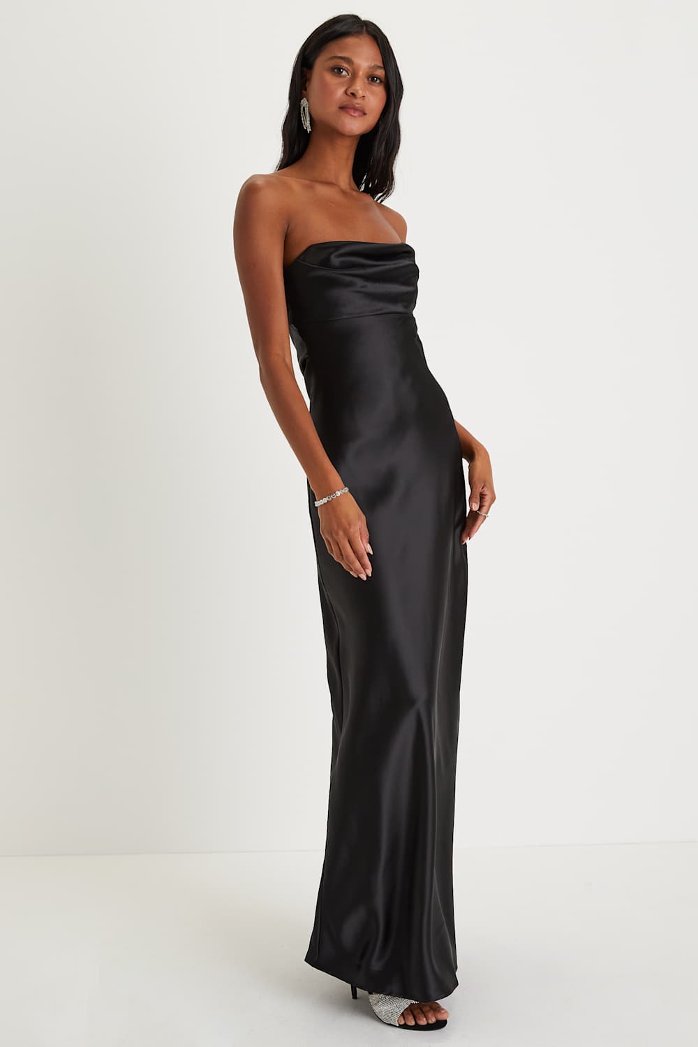 Exquisite Shine Black Satin Rhinestone Strapless Maxi Dress