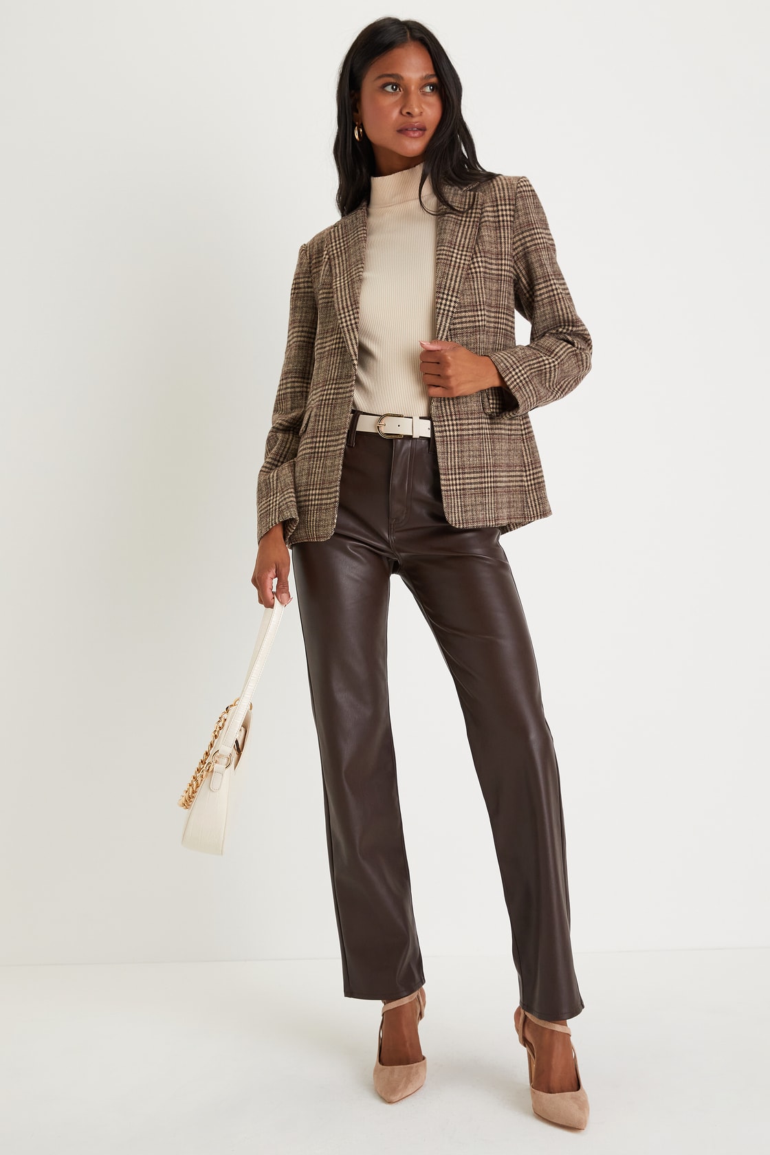 Sophisticated Chic Brown Plaid Tweed Blazer