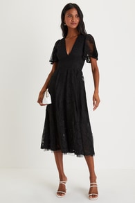 Chic Glamour Black Lace Cutout Flutter Sleeve Midi Dress