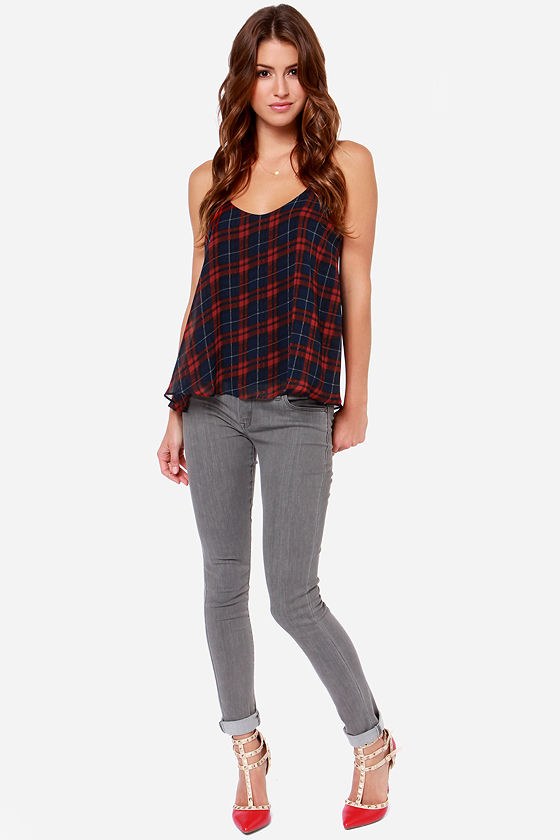 LULUS Exclusive Launch Plaid Navy Blue Plaid Tank Top 2