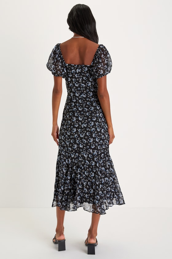 Gorgeous Inspiration Black Floral Puff Sleeve Midi Dress 7