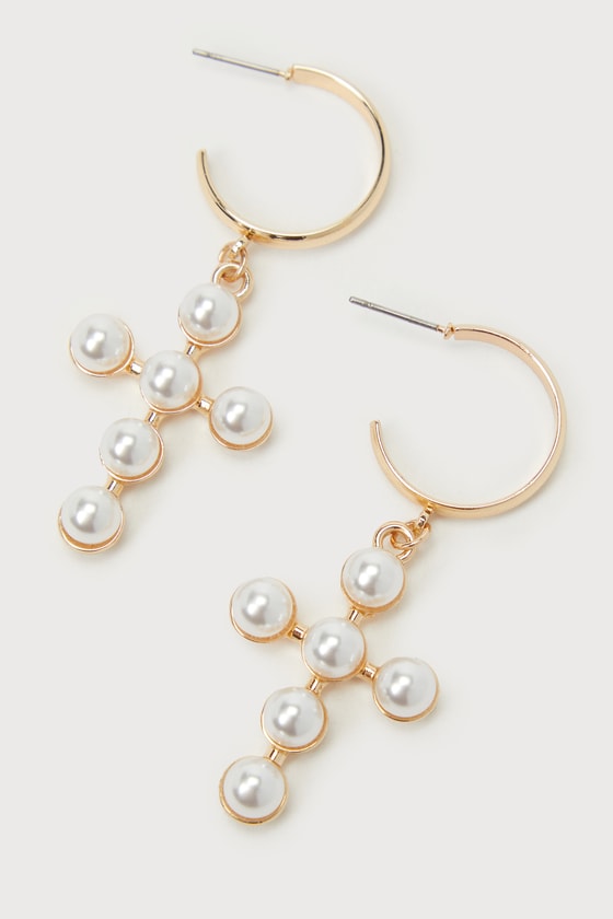 Perfectly Luminous Gold and Pearl Cross Hoop Earrings 3