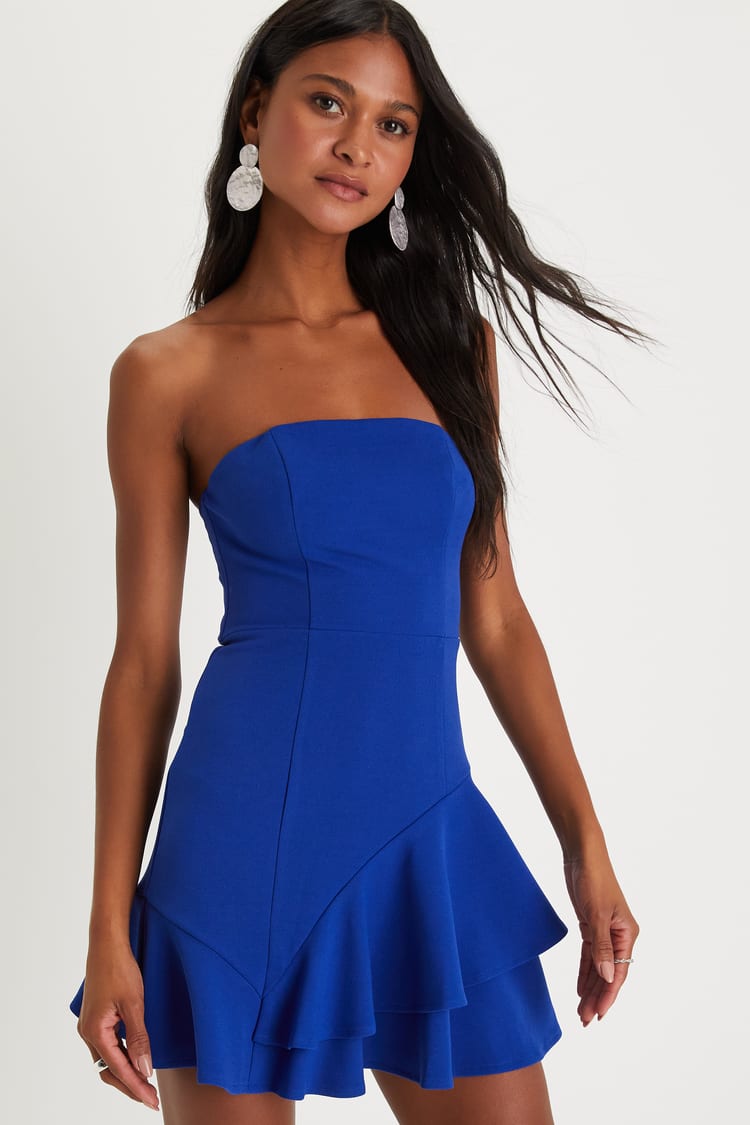 Sultry Intentions Royal Blue Strapless Ruffled Mini Dress