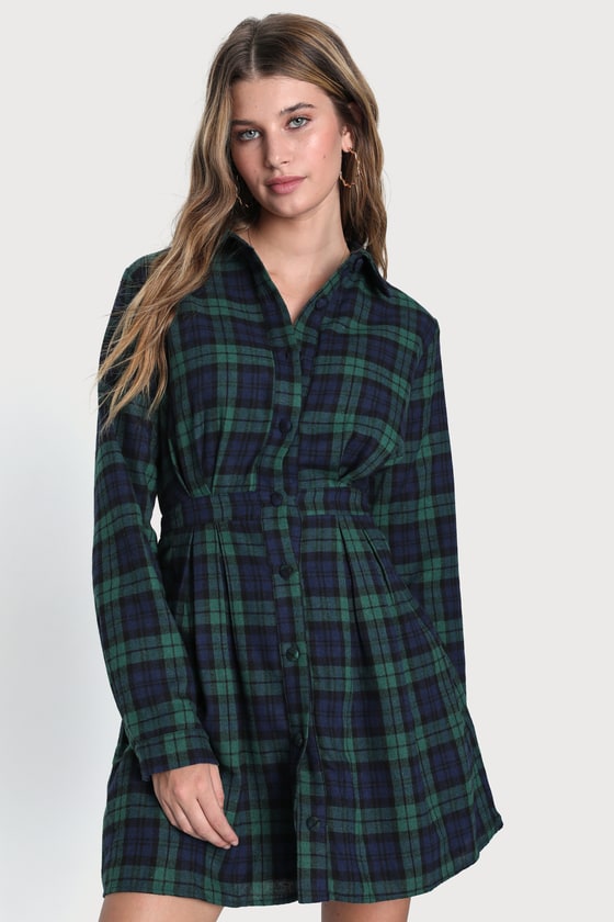 Lulus Autumn Ease Green And Navy Plaid Mini Dress With Pockets