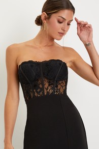 Sultry Persona Black Lace Strapless Bustier Mermaid Maxi Dress